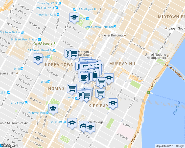 map of restaurants, bars, coffee shops, grocery stores, and more near 4 Park Avenue in New York