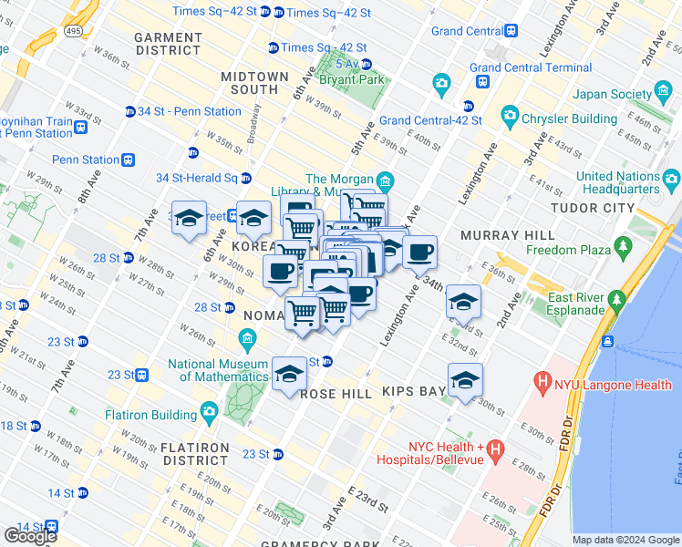 map of restaurants, bars, coffee shops, grocery stores, and more near 38 East 32nd Street in New York