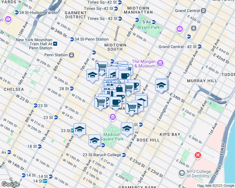 map of restaurants, bars, coffee shops, grocery stores, and more near 16 West 29th Street in New York