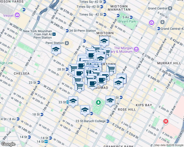 map of restaurants, bars, coffee shops, grocery stores, and more near 1195 Broadway in New York