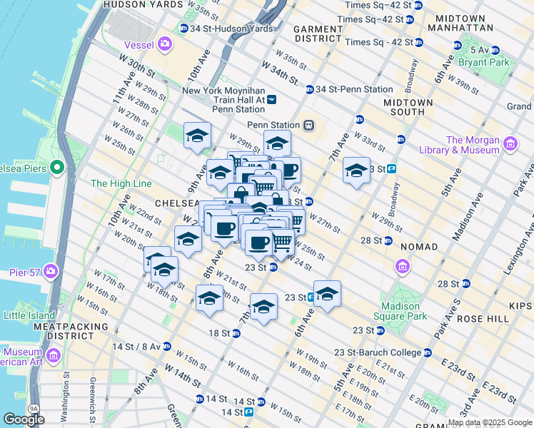 map of restaurants, bars, coffee shops, grocery stores, and more near 231 West 24th Street in New York