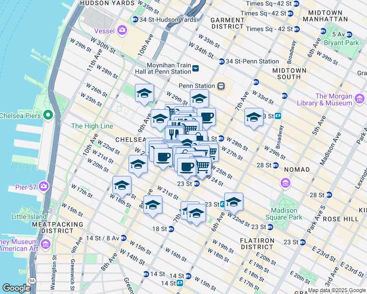 map of restaurants, bars, coffee shops, grocery stores, and more near 231 West 24th Street in New York