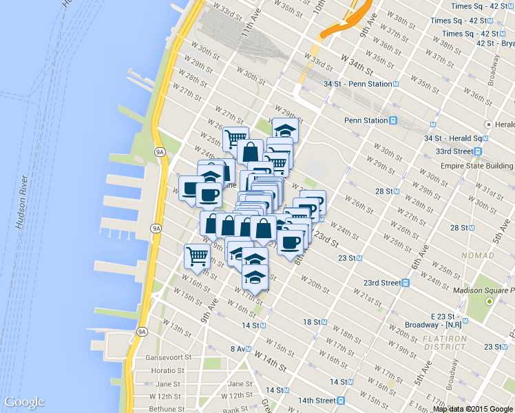 map of restaurants, bars, coffee shops, grocery stores, and more near 414 West 22nd Street in New York