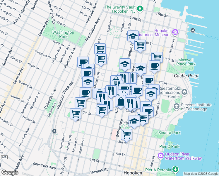 map of restaurants, bars, coffee shops, grocery stores, and more near 701 Grand Street in Hoboken
