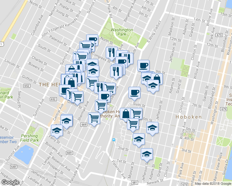 map of restaurants, bars, coffee shops, grocery stores, and more near in Jersey City