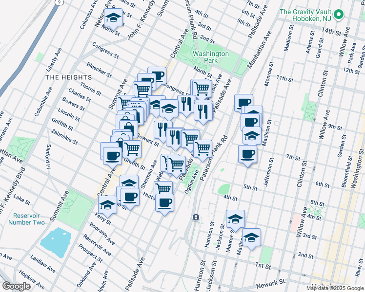 map of restaurants, bars, coffee shops, grocery stores, and more near 52 Bowers Street in Jersey City