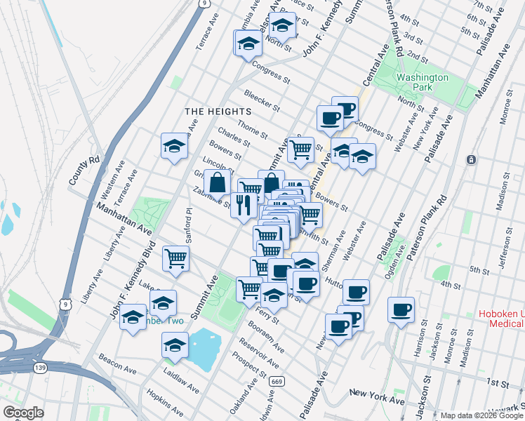 map of restaurants, bars, coffee shops, grocery stores, and more near 47 Zabriskie Street in Jersey City
