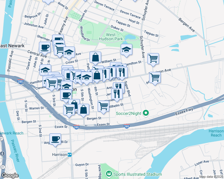map of restaurants, bars, coffee shops, grocery stores, and more near 719 Jersey Street in Harrison