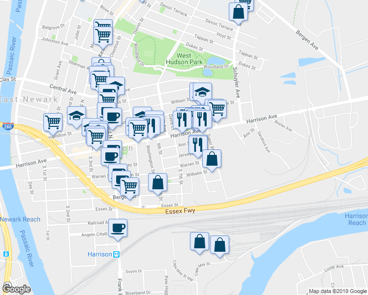 map of restaurants, bars, coffee shops, grocery stores, and more near 719 Jersey Street in Harrison