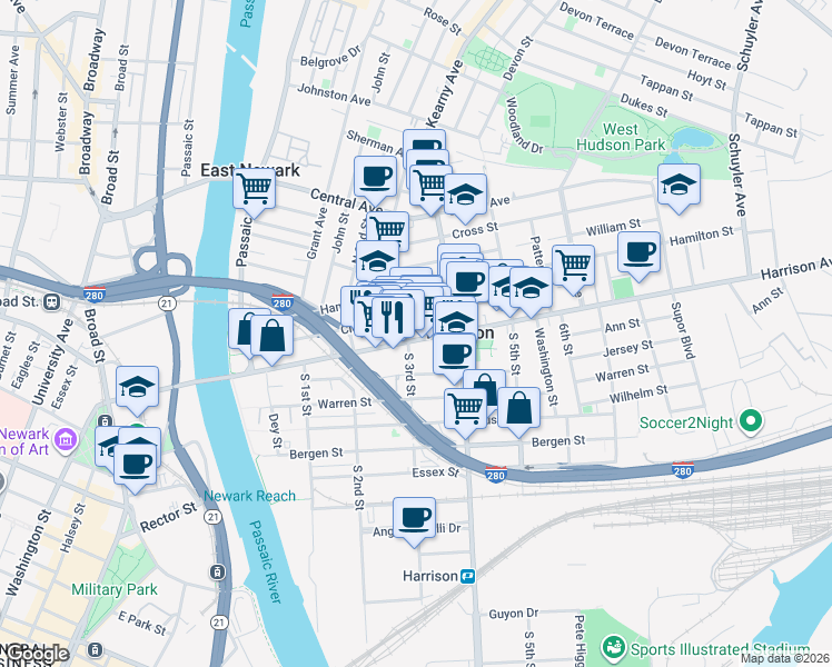map of restaurants, bars, coffee shops, grocery stores, and more near 239 Harrison Avenue in Harrison