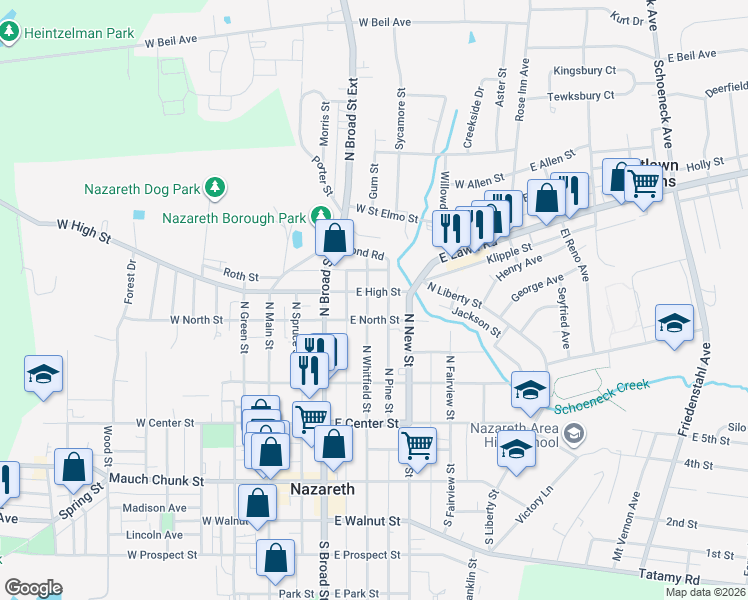 map of restaurants, bars, coffee shops, grocery stores, and more near 205 East North Street in Nazareth
