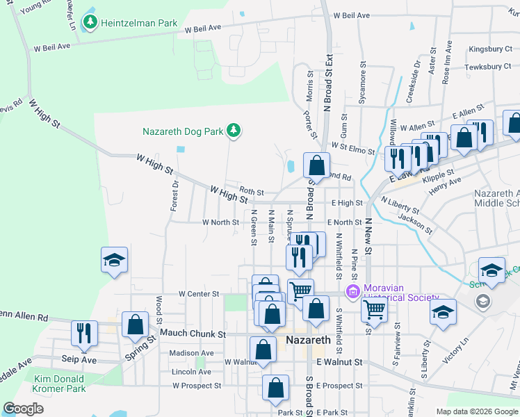 map of restaurants, bars, coffee shops, grocery stores, and more near 201 North Main Street in Nazareth