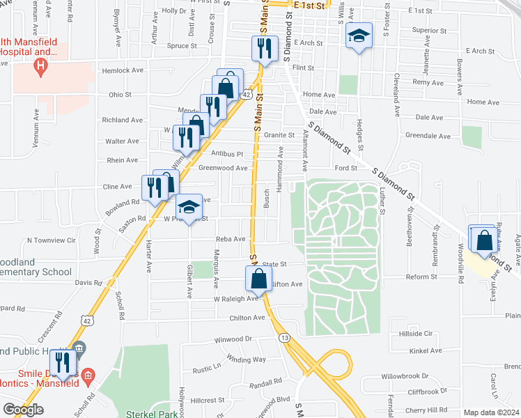 map of restaurants, bars, coffee shops, grocery stores, and more near 13 West Prospect Street in Mansfield