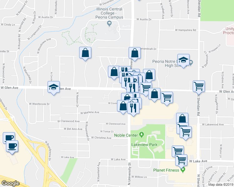 map of restaurants, bars, coffee shops, grocery stores, and more near 1401 West Covington Court in Peoria