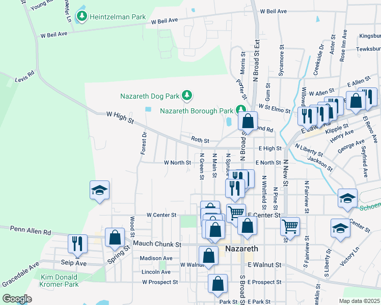 map of restaurants, bars, coffee shops, grocery stores, and more near 218 North Church Street in Nazareth