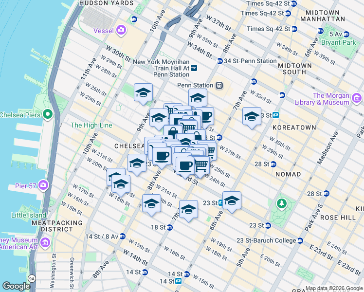 map of restaurants, bars, coffee shops, grocery stores, and more near 231 West 24th Street in New York
