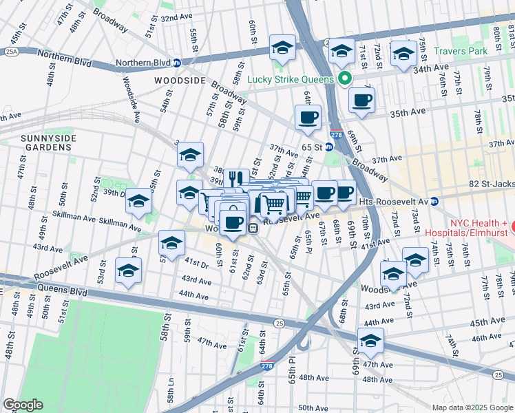 map of restaurants, bars, coffee shops, grocery stores, and more near in Queens