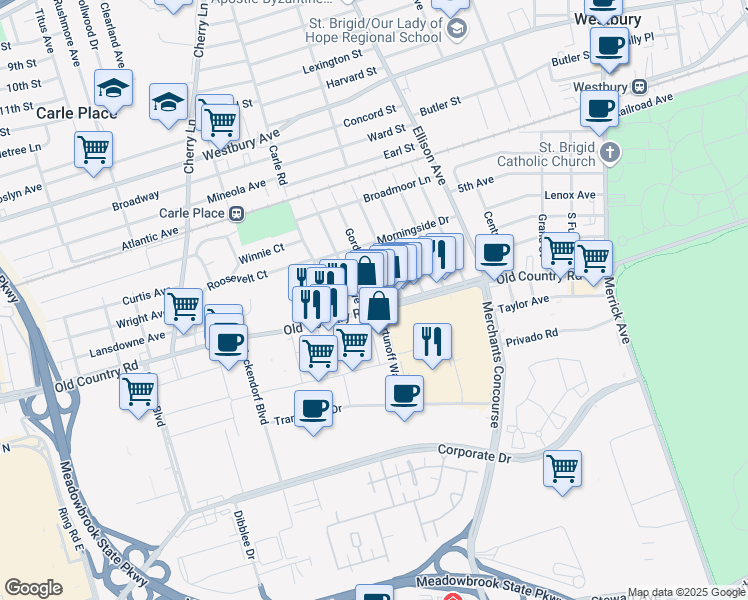 map of restaurants, bars, coffee shops, grocery stores, and more near 449 Old Country Road in Westbury