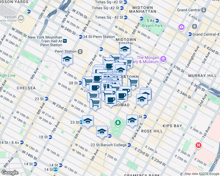 map of restaurants, bars, coffee shops, grocery stores, and more near 39 West 29th Street in New York