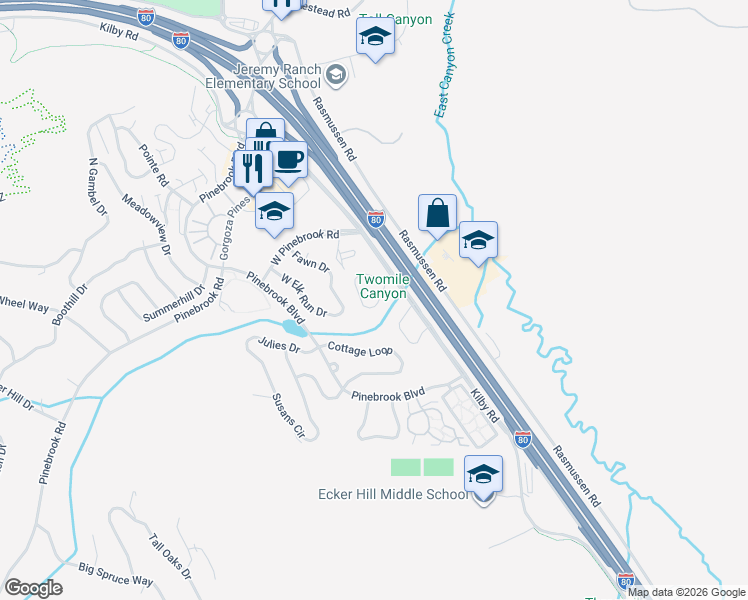 map of restaurants, bars, coffee shops, grocery stores, and more near 7943 Mustang Loop Road in Park City