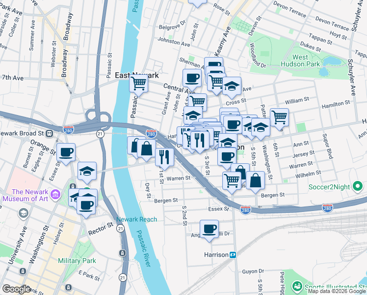 map of restaurants, bars, coffee shops, grocery stores, and more near in Harrison