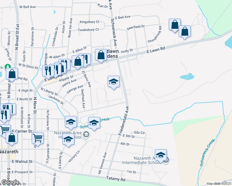 map of restaurants, bars, coffee shops, grocery stores, and more near 94 Freidensthal Avenue in Nazareth