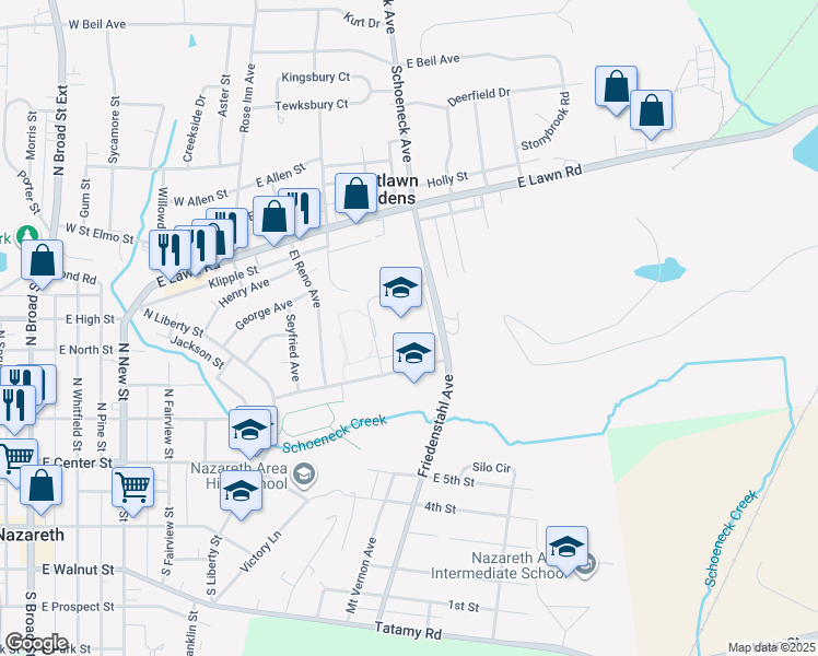 map of restaurants, bars, coffee shops, grocery stores, and more near 94 Freidensthal Avenue in Nazareth