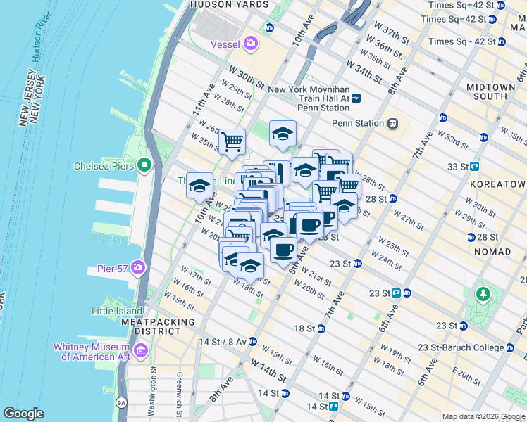 map of restaurants, bars, coffee shops, grocery stores, and more near 9th Ave & W 23rd St in New York