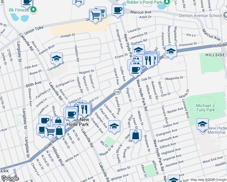 map of restaurants, bars, coffee shops, grocery stores, and more near 1403 Hillside Avenue in North New Hyde Park