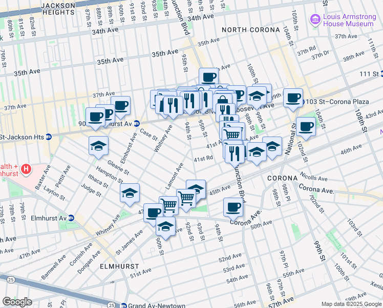 map of restaurants, bars, coffee shops, grocery stores, and more near 45-10 94th Street in Queens