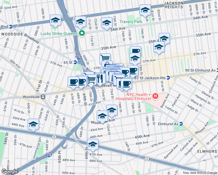 map of restaurants, bars, coffee shops, grocery stores, and more near 40-19 72nd Street in Queens