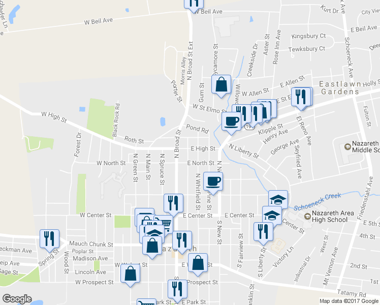 map of restaurants, bars, coffee shops, grocery stores, and more near 128 East High Street in Nazareth