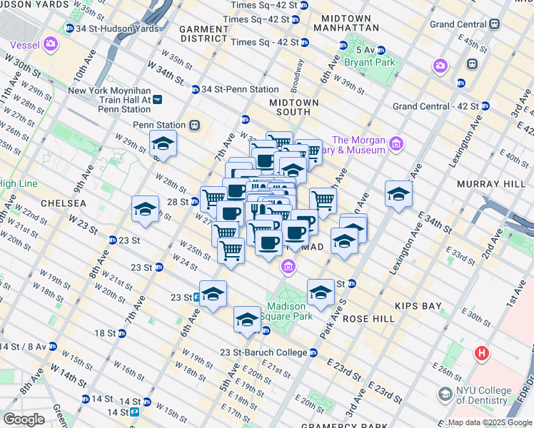 map of restaurants, bars, coffee shops, grocery stores, and more near 39 West 29th Street in New York