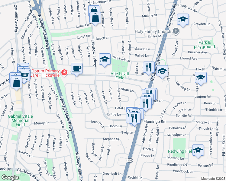 map of restaurants, bars, coffee shops, grocery stores, and more near 27 Glow Lane in Hicksville
