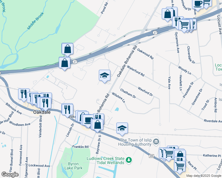 map of restaurants, bars, coffee shops, grocery stores, and more near 60 Oakdale-Bohemia Road in Oakdale