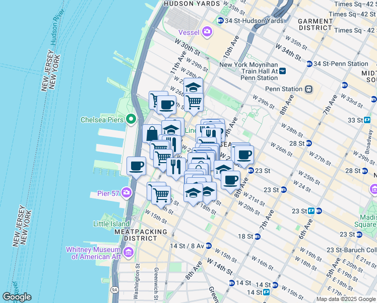 map of restaurants, bars, coffee shops, grocery stores, and more near 445 West 21st Street in New York