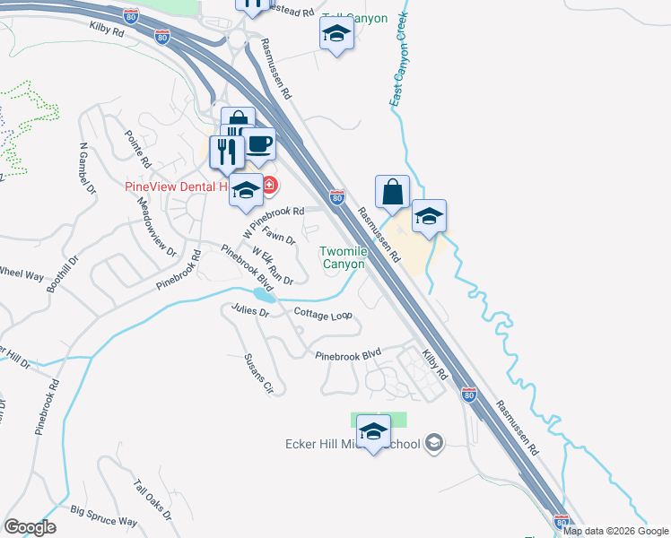 map of restaurants, bars, coffee shops, grocery stores, and more near 7930 Mustang Loop Road in Park City
