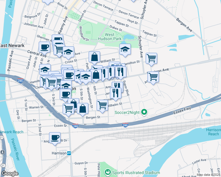 map of restaurants, bars, coffee shops, grocery stores, and more near 719 Jersey Street in Harrison