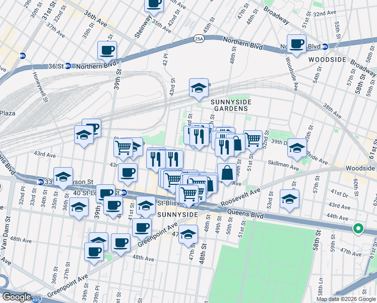 map of restaurants, bars, coffee shops, grocery stores, and more near 45-06 Skillman Avenue in Queens