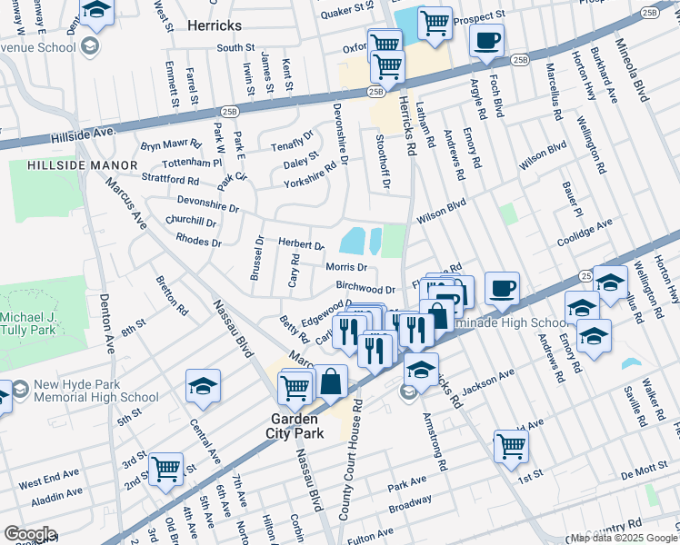 map of restaurants, bars, coffee shops, grocery stores, and more near 102 Kate Drive in New Hyde Park
