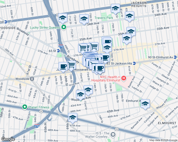 map of restaurants, bars, coffee shops, grocery stores, and more near 40-24 74th Street in Queens