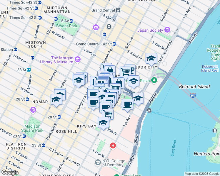 map of restaurants, bars, coffee shops, grocery stores, and more near 214 East 35th Street in New York