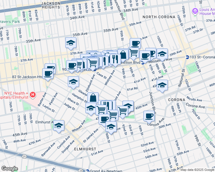 map of restaurants, bars, coffee shops, grocery stores, and more near Denman Street in Queens