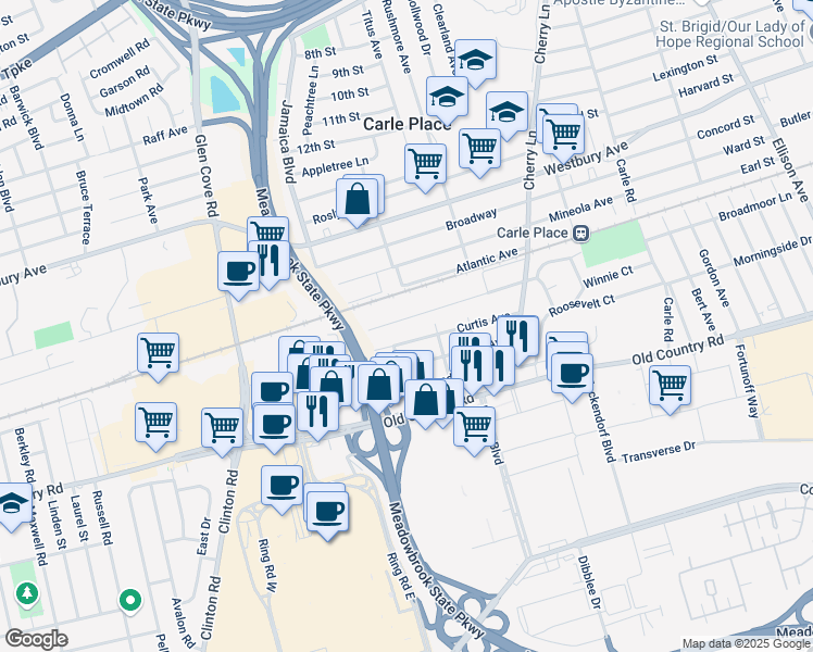 map of restaurants, bars, coffee shops, grocery stores, and more near 253 Curtis Avenue in Carle Place