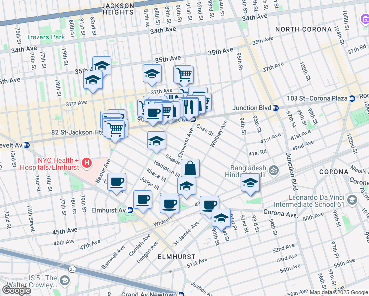 map of restaurants, bars, coffee shops, grocery stores, and more near 8836 Elmhurst Avenue in Queens