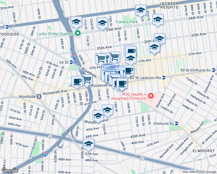 map of restaurants, bars, coffee shops, grocery stores, and more near in Queens