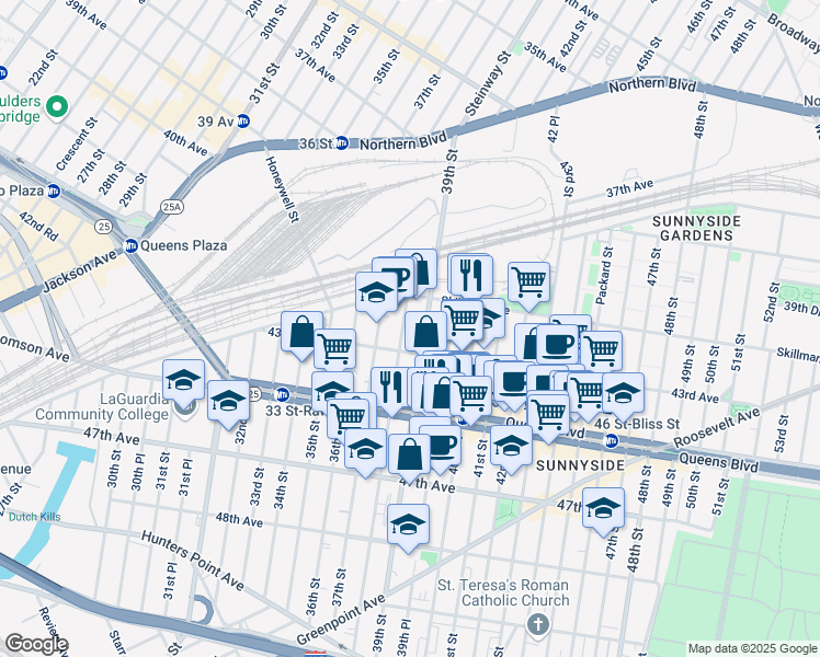 map of restaurants, bars, coffee shops, grocery stores, and more near 38-09 43rd Avenue in Queens