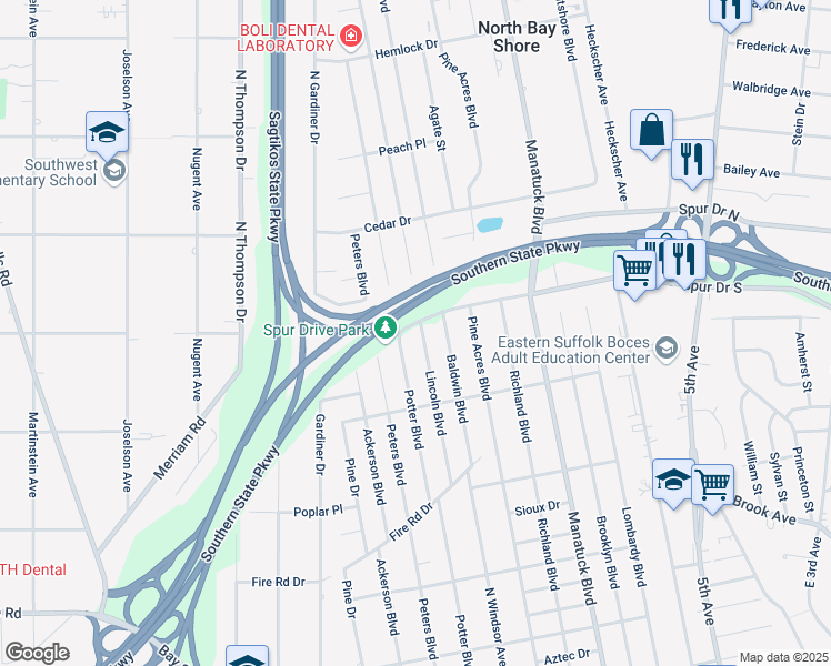 map of restaurants, bars, coffee shops, grocery stores, and more near 1466 Potter Boulevard in Bay Shore