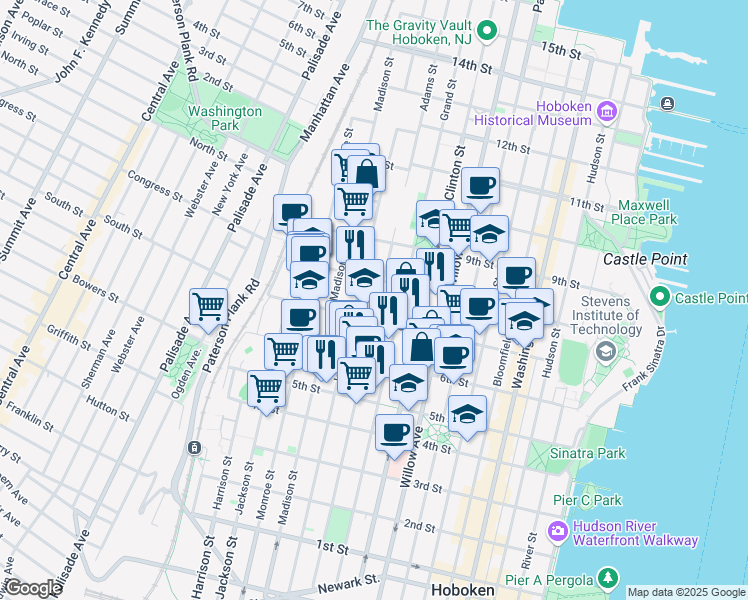map of restaurants, bars, coffee shops, grocery stores, and more near 711 Adams Street in Hoboken