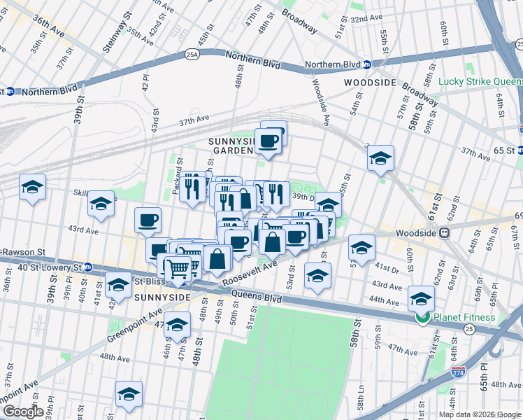 map of restaurants, bars, coffee shops, grocery stores, and more near 39-78 51st Street in Queens